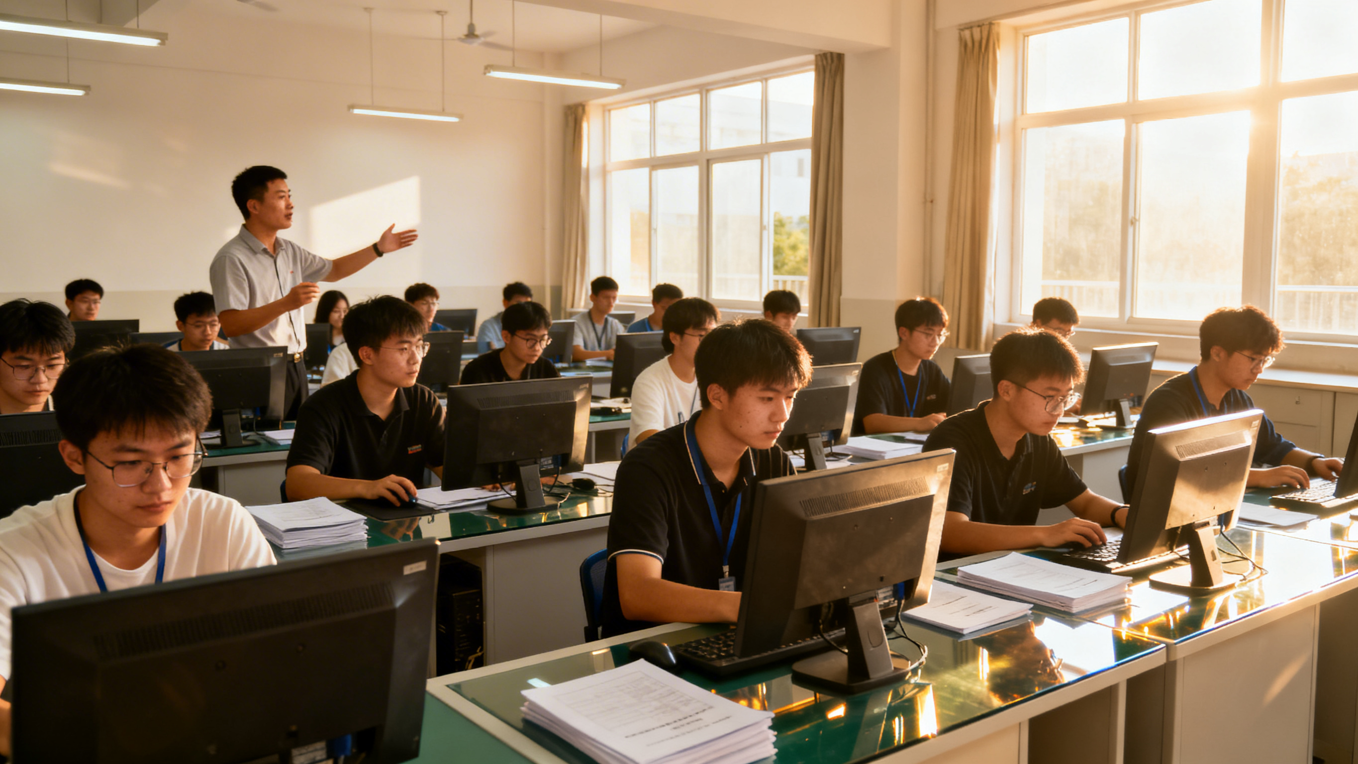 职业技能培训场景，室内明亮的培训教室，讲师在前方演示操作，学员… - 图片创意预览