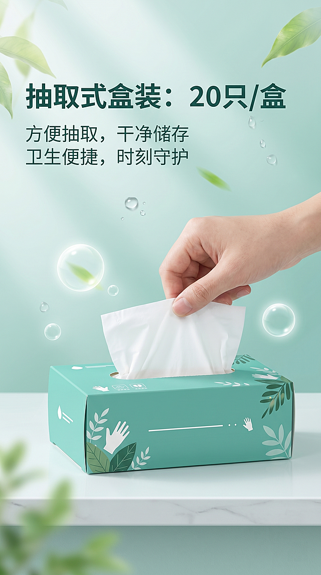 展示抽取式盒装设计，“抽取式盒装：20只/盒”，突出方便抽取、干净储存的特点，保持参考图1的简约清新青绿色设计风格，9:16竖版