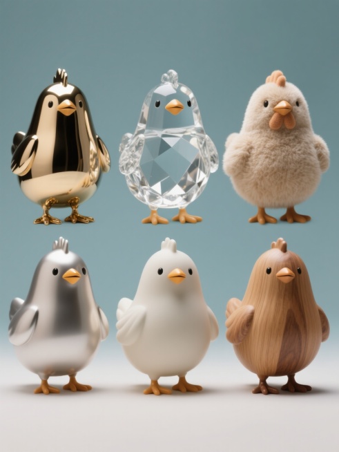 六个姿态、造型完全一致的小鸡组合，分别采用金属光泽质感、水晶透明质感、磨砂陶瓷质感、毛绒布艺质感、光滑塑料质感、木质纹理质感，每个小鸡拥有不同的整体色彩，背景为纯色，所有小鸡规整排布形成系列素材集合，高清摄影风格，光线均匀，细节清晰预览效果