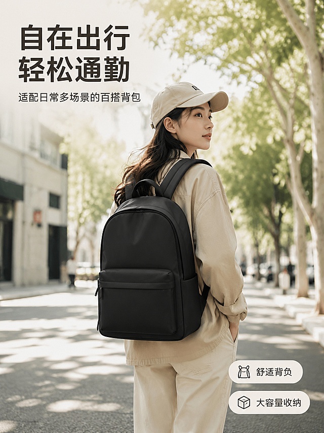 [第1屏] 详情页风格头图，模特大片型双肩背包宣传图。商品为常规款纯色双肩背包，适配通勤出行多场景。本屏无用户商品图，文生图生成。
[氛围/风格] 街拍画报感，自然生活风，商业户外摄影质感，色调简约干净。
[元素布局] 年轻亚洲女模特背负双肩包走在城市通勤街道，背景为虚化梧桐树荫街道；双肩背包位于模特背部视觉中心，占比约65%，清晰展示包型轮廓、整体尺寸比例；整体构图自然随意，有街头松弛感。
[光影质感] 上午自然侧太阳光，模特和背包轮廓柔和，街道树荫形成自然斑驳光影，右下角浅投影增加层次感，整体明亮通透。
[配色色系] 全局底色 #F5F5F0，主色背包经典黑/深灰色，辅助色浅卡其街道背景、模特浅卡其色休闲穿搭，自然和谐。
[视角构图] 平视略带仰拍视角，景深适中，阅读动线从上到下：标题区 → 模特整体 → 底部信息点。
[文字版式] 版式为顶部标题 + 中心主体模特 + 底部点缀卖点。主标题「自在出行 轻松通勤」，副标题「适配日常多场景的百搭背包」，主标题粗体左对齐位于画面左上，副标题细体位于主标题下方；右下角添加两个浅底圆角卖点标签「舒适背负」「大容量收纳」，文字不遮挡背包主体，字号适配移动端清晰可读。
[比例分辨率] 3:4 竖版比例，宽度900像素，高度1200像素，4K分辨率，文字清晰可辨，高清画质。
[负向提示词] 背包变形，结构错误，颜色偏差，文字错乱，文字过小，水印，背景杂乱，模特僵硬