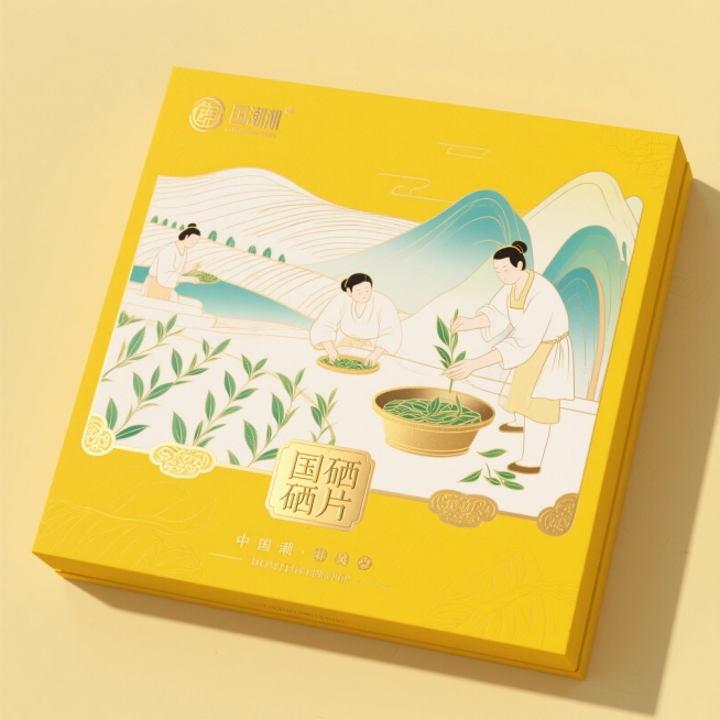 黄色的国硒硒片礼盒装包装，明黄色底色，底纹为茶山场景的线条图，线条图采用烫金工艺，画面中有人物正在采茶和炒茶，礼盒下方有产品名称和口号的文字区域预览效果