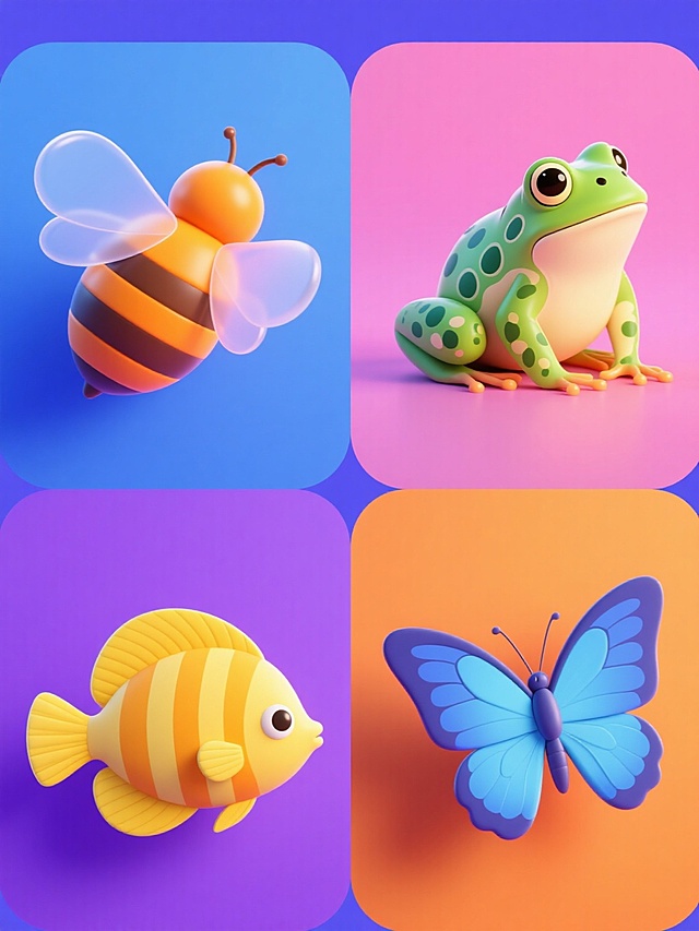 系列集合插画，规整排布四个完全不同的动物元素，均采用3D立体风格，具有光滑的渐变色彩、清晰的轮廓线和半透明的质感，每个动物占据独立的纯色背景区域，第一个为蓝色背景上的橙色条纹蜜蜂，第二个为粉色背景上的绿色斑点青蛙，第三个为紫色背景上的黄色条纹小鱼，第四个为橙色背景上的蓝色翅膀蝴蝶，所有元素保持相同的光照效果和立体感，整体呈现出统一的设计风格和视觉节奏