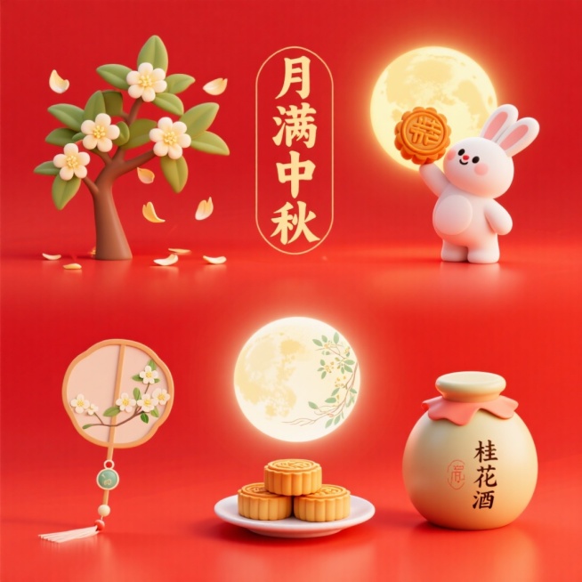 需要6个Q版中秋素材图标，可爱电商促销感。
第1个素材：桂花树，飘落的桂花瓣；
第2个素材：文字：月满中秋；
第3个素材：玉兔高举月饼，敬月亮；
第4个素材：绘月团扇，扇柄戴吊坠；
第5个素材：三块月预览效果