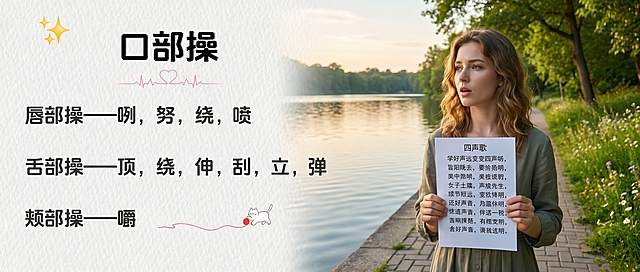 制作公众号封面图，尺寸2.35:1。左侧放置附件图片（口部操教学图），右侧构建自然场景：左半部分为平静湖水，右半部分为湖边景观道与绿草坪；一位20多岁披肩发年轻女孩站在景观道上，面向左侧（朝向附件图与湖水），神情专注仿佛正在背诵；她手中持有一张A4纸大小的纸张，上面印有‘四声歌’全文内容；整体风格清新、教育感强、画面协调温馨
