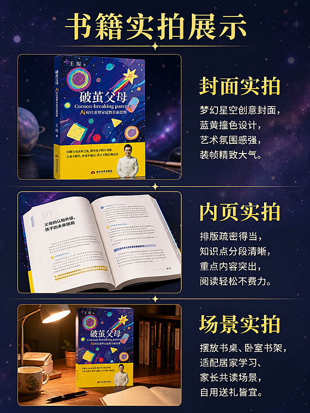 [第8屏] 详情页书籍实拍展示板块，分三个模块展示封面、内页和场景效果。
[氛围/风格] 延续梦幻星空文艺风，深蓝星空背景，柔和虚化，真实展示质感，排版清晰分区。
[元素布局] 页面顶部标题“书籍实拍展示”，下方分成三个横向模块，从上到下依次为：封面实拍、内页实拍、场景实拍，每个模块左侧放图，右侧放文案说明。第一个模块使用【图1】作为封面参考，保留原封面星空设计。
[光影质感] 每个模块图片清晰明亮，背景柔和，文字清晰，整体光影均匀，分区过渡自然。
[配色色系] 全局底色：#1a1a3a（深紫蓝）；模块分隔线：浅金色半透明；标题：金黄色；说明文字：米白色。
[实拍文案]
1. 封面实拍：梦幻星空创意封面，蓝黄撞色设计，艺术氛围感强，装帧精致大气
2. 内页实拍：排版疏密得当，知识点分段清晰，重点内容突出，阅读轻松不费力
3. 场景实拍：摆放书桌、卧室书架，适配居家学习、家长共读场景，自用送礼皆宜
[视角构图] 竖向三模块排列，每个模块左图右文，比例分配均衡，阅读顺序从上到下流畅。
[文字版式] 顶部大标题居中，每个模块文案右对齐，标题加粗放大，说明文字清晰，手机阅读舒适。
[比例分辨率] 宽度790像素，宽高比3:4，4K分辨率，文字清晰可辨。
[负向提示词] 分区错乱，图片变形，文字重叠模糊，颜色偏差，背景杂乱，水印。
