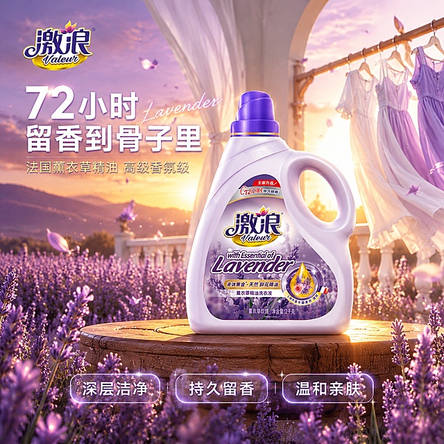 [主图-1] 激浪薰衣草精油洗衣液沉浸式花海阳台首图
[氛围风格] 沉浸式薰衣草花海 电影级光影 高级治愈感 爆款视觉冲击 不是普通电商图
[画质] 电影级商业摄影质感 8K超清 光线层次丰富 产品极致清晰 画面有呼吸感
[元素] 激浪薰衣草精油洗衣液大瓶位于画面视觉中心偏右 瓶身完整不裁切 保持产品外观（紫色瓶身 激浪Valeur品牌Logo 薰衣草标签图案 瓶盖 提手）与输入产品图绝对一致 杜绝任何变形和色差 精细化处理 商品主体占比约60%。产品放置在一块悬浮的原木圆台上 圆台边缘有自然木纹。前景是大片盛开的薰衣草花田 紫色花穗从画面底部延伸到中景 高低错落 花瓣细节清晰 有露珠反光。背景是被薰衣草花海环绕的白色阳台 拱形门洞 白色窗帘随风飘动 窗外是金色夕阳下的远山和紫色花田地平线。右侧木质晾衣架上挂着几件飘逸的白色和淡紫色长裙 衣摆被风吹起。空中漂浮着几片薰衣草花瓣 增加动感。左上角放置从产品提取的激浪Valeur品牌Logo 金色描边。
[光影] 黄金时刻夕阳逆光 从右后方45度角照射 形成强烈的轮廓光 瓶身边缘有金色高光 薰衣草花穗被阳光打透 呈现半透明的紫色光晕。左侧有柔和的补光 确保产品正面标签清晰可读。空气中有丁达尔效应 金色光线穿过花田 形成光束。整体光比有电影感 暗部有细节 高光有层次 温暖治愈。
[配色] 主色调深薰衣草紫 + 金色夕阳光 + 奶白色；辅助色粉紫渐变 + 远山蓝紫。整体高级梦幻 有电影海报质感。
[视角构图] 低角度微仰视 产品悬浮感 前景花田引导视线到中心产品 背景层次丰富（花田-阳台-远山-天空）。大景深但背景适度虚化 突出主体同时保留环境氛围感。画面满屏无边框。
[文字版式] 左上负空间左对齐 主标题两行超大字 72小时 留香到骨子里 白色粗体字带极细紫色描边 字号占画面高度1/4 视觉冲击力强。副标题一行 法国薰衣草精油 高级香氛级 金色细体 字号约为主标题的25%。主标题旁加一个手写体英文 Lavender 做装饰。底部三个透明玻璃质感圆角按钮 从左到右 深层洁净 持久留香 温和亲肤 白色字体 按钮有轻微发光效果。文字全部在负空间 不遮挡产品。
[输出要求] 1:1比例 文字清晰锐利 电影级超高清商业摄影质感
[负向提示词] 变形 文字错乱 产品模糊 背景杂乱 水印 电商平台Logo 廉价感 普通电商风 瓶身变形 标签错字