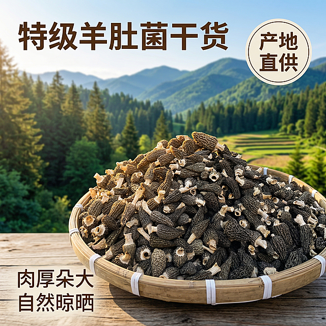 图生图，保留原产品的干羊肚菌外观形态不变，优化为拼多多主图，背景替换为云南山林自然风景，突出产品品质，画面左上角添加大字体主标题"特级羊肚菌干货"，右上角添加圆形标签"产地直供"，左下角标注卖点"肉厚朵大 自然晾晒"，使用清晰无衬线字体，字色为深棕色，整体风格自然原生态，突出干货质感和食欲感，自然暖阳逆光拍摄，背景铺满全屏，无边框，文字不遮挡主体，整体配色自然清新