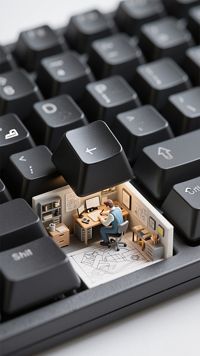 一幅等距3D插画刻画了黑色的绘图键盘上其中一颗被揭开的键盘键帽下，一个微型设计师正坐在迷你设计室里绘制图案，顶部俯视特写视角。