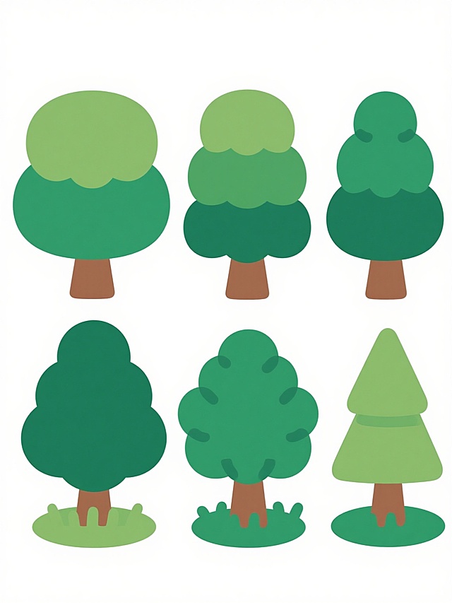 6棵不同样式、不同品种、不同外观的卡通风格树木，排列整齐，每棵树都有圆润的树冠，树冠由多层不同深浅的绿色色块组成，边缘有清晰的轮廓线，树干为棕色，底部有绿色草丛和圆形草地，整体采用扁平化设计，色彩明快，白色背景，无阴影，简洁可爱的矢量插画风格。