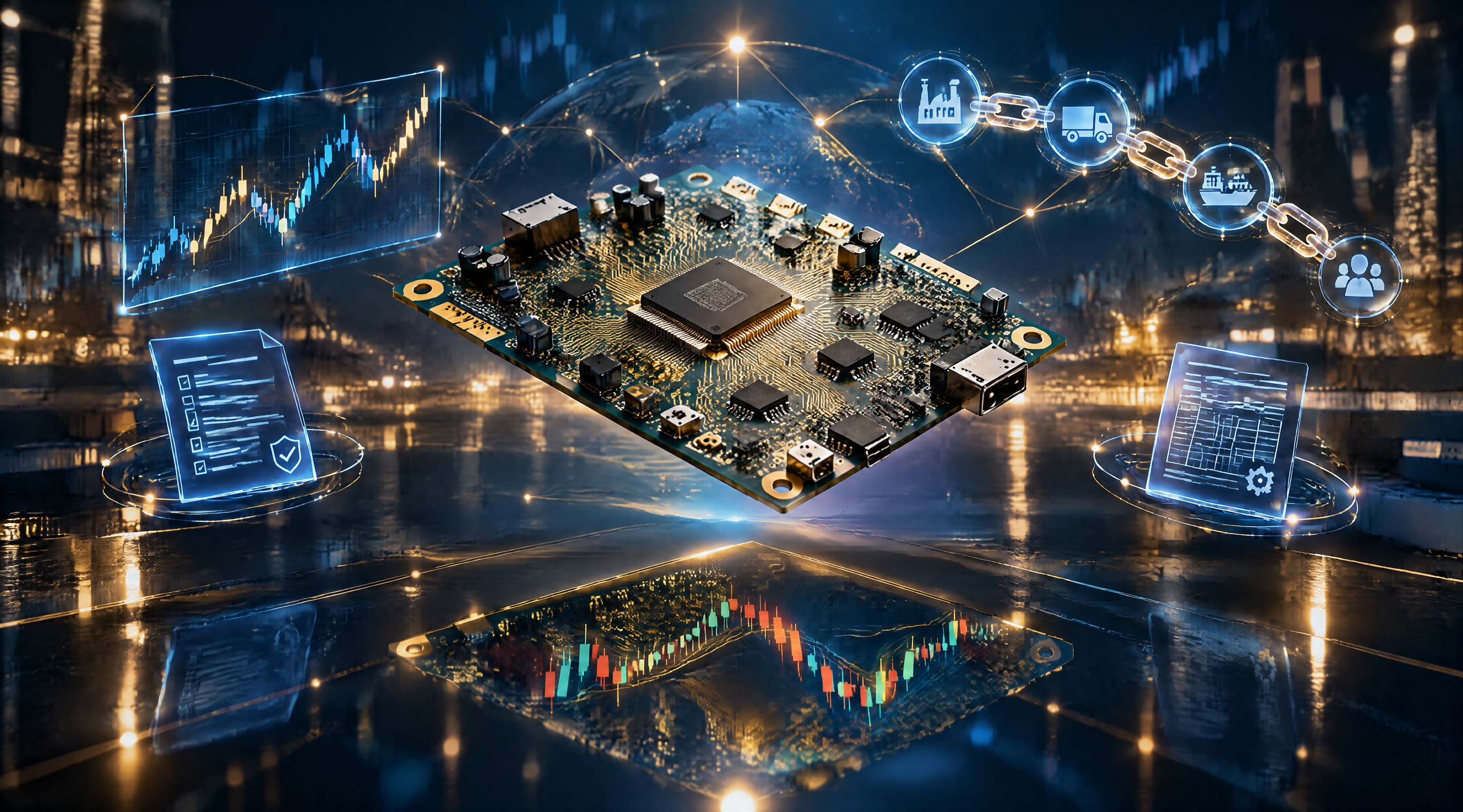 PCB产业财经感封面图，主题为产业链定价规则与市场波动。画面中… - 图片创意预览