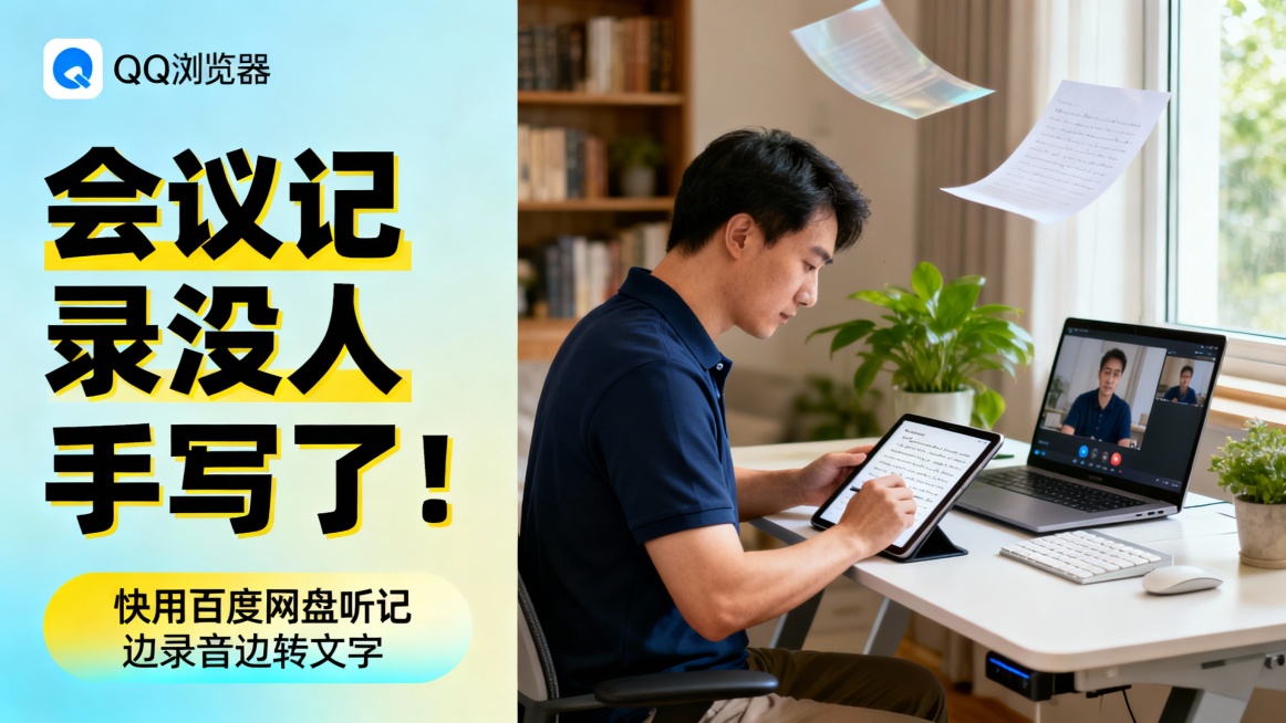 左侧浅蓝渐变背景配QQ浏览器蓝白logo，大号黑黄立体标题“会议记录没人手写了！”，下方黄色渐变按钮“快用百度网盘听记 边录音边转文字”；右侧实拍一位30岁左右男性（深蓝Polo衫）在家用升降桌前工作预览效果