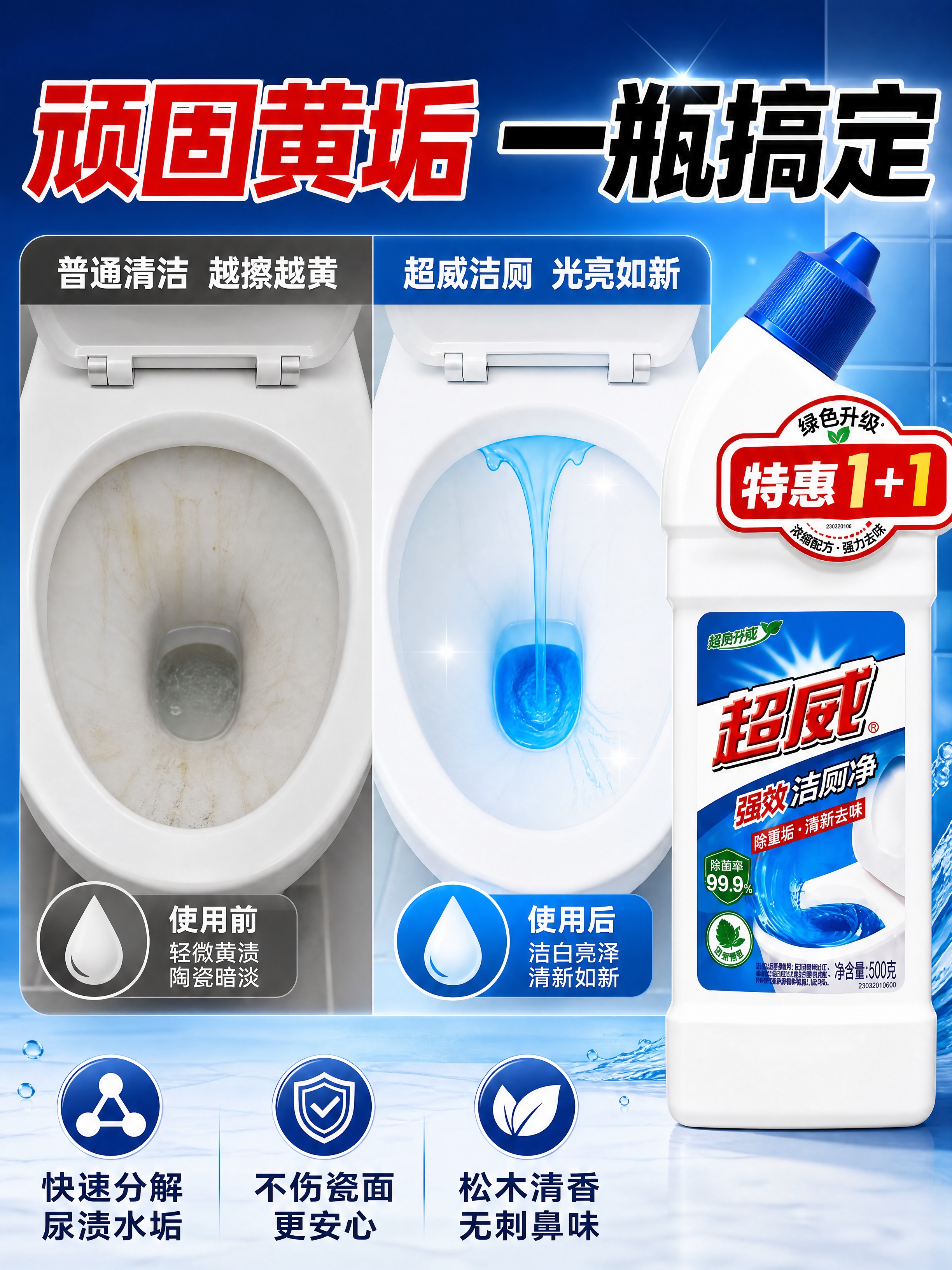 [商品] 使用【图1】超威强效洁厕净单瓶；保留白色瓶身、蓝色旋… - 图片创意预览