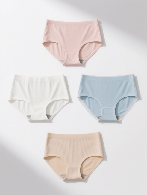 纯白色背景上，以简约写实风格展示的四条完全不同设计的女士内裤系列素材集合，呈规整的2x2网格排布。每条内裤均采用高弹力贴身面料，具有细腻柔和的质感和自然的光影过渡效果，保持统一的简约现代设计语言但细节各具特色：第一条为浅粉色基础款三角内裤，展现经典剪裁与柔和色调；第二条为白色高腰平角内裤，强调腰部包裹设计与利落线条；第三条为淡蓝色无痕边三角内裤，侧边采用透明弹力带设计；第四条为肤色中腰三角内裤……预览效果