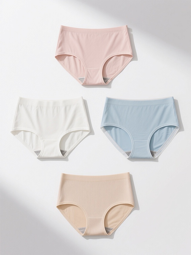 纯白色背景上，以简约写实风格展示的四条完全不同设计的女士内裤系列素材集合，呈规整的2x2网格排布。每条内裤均采用高弹力贴身面料，具有细腻柔和的质感和自然的光影过渡效果，保持统一的简约现代设计语言但细节各具特色：第一条为浅粉色基础款三角内裤，展现经典剪裁与柔和色调；第二条为白色高腰平角内裤，强调腰部包裹设计与利落线条；第三条为淡蓝色无痕边三角内裤，侧边采用透明弹力带设计；第四条为肤色中腰三角内裤，裤身有细腻的竖条纹肌理。所有内裤均以相同的俯视角展示，光线从上方45度角均匀照射，呈现自然的明暗对比和立体感，整体画面干净整洁，突出内裤的材质质感与款式细节。