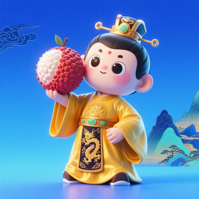 Q版全身的唐代皇帝（大眼睛、淡腮红，带有暗龙纹细节的明黄丝绸服装），负重托举巨型荔枝的动态。背景用靛蓝渐变（带传统云纹暗纹+千里江山图）预览效果