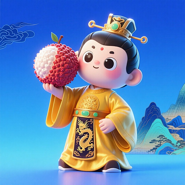 金冕黄袍唐帝姿，手擎荔果韵神驰。昔时驿路烟尘远，此际岭南佳味滋。