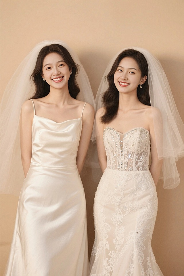 全身照，两个女生戴头纱，左边穿缎面婚纱微笑，右边穿蕾丝花纹镶钻婚纱微笑，眼睛看观众，杏色背景墙，暖色调。