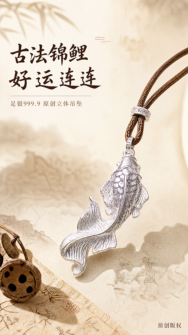 [第1屏] 详情页头图-足银999.9古法立体锦鲤吊坠宣传海报。
[氛围/风格] 国风轻奢高级感，禅意中式氛围，商业摄影质感，温润复古光影，东方美学气质，画面雅致高级。
[元素布局] 足银古法锦鲤吊坠主体放在画面偏右下区域，占据画面约65%大小。保持产品原有的足银哑光质感、古法立体锦鲤造型、大尾巴纹理、搭配棕色编绳的结构和细节，必须和原图产品结构、比例、颜色完全一致。背景采用浅米白底搭配浅棕渐变，左上角留出大标题区域，左下角点缀干莲蓬和浅棕色宣纸纹理作为前景装饰，整体构图简洁雅致，突出产品本身，不遮挡锦鲤吊坠主体。
[光影质感] 左上侧打柔和主光，突出足银古法磨砂纹理和金属光泽，右下形成柔和自然投影，明暗层次清晰，产品纹理细节清楚真实。
[配色色系] 全局底色：#F5F0E6（浅米）；主体配色：银色足银+棕色编绳；辅助色：#8B7355（浅棕宣纸纹理）+#222222（标题深棕）。
[视角构图] 斜侧45度视角，景深适中，产品主体突出，左上预留标题文字区域，整体竖版构图符合9:16手机浏览动线。
[文字版式] 左上主标题区域：主标题「古法锦鲤 好运连连」深棕色书法字体，字号占画面宽度约10%；副标题「足银999.9 原创立体吊坠」小号浅棕色宋体，左对齐，位于主标题下方，不遮挡产品；右下角点缀小字号品牌文字「原创版权」，浅棕色，不影响主体。文字排版清晰，层级分明，所有文字清晰可辨，适合手机端阅读。
[比例分辨率] 9:16 竖版比例，4K分辨率，文字清晰可辨，超高清质感。
[负向提示词] 产品变形，结构错误，颜色偏差，纹理改变，文字错乱，水印，产品模糊，背景杂乱，构图拥挤，夸张过度，低俗，极限词，违规内容。