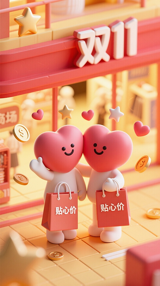 2个爱心贴在一起，手里拿着购物袋，购物袋上写着“贴心价”。开心的表情在打招呼，飘浮着很多星星、爱心和钱币等元素。背景是一座商场，店招名称为“双11”，整体色调以暖黄、红色为主，前景没有物品。俯视角度。