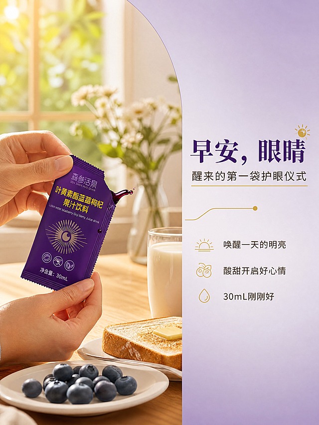 [商品] 使用【图1】森参活泉叶黄素酯蓝莓枸杞果汁饮料；保留紫色独立小袋包装外观（参考外盒设计风格），展示撕开小袋的瞬间，液体微微流出。
[画面] 目标：清晨唤醒场景，故事第一幕。右文左图构图，左侧是早餐桌场景：木质餐桌上摆着吐司、牛奶、蓝莓，一只手正撕开一袋紫色护眼饮，产品占画面55%。右侧留白放文字。暖晨光从窗外洒入，温馨治愈。
[视觉] 套系策略：风格=治愈系故事感商业摄影；标题字=文艺衬线粗体；正文字=简洁无衬线体；主色=深紫+暖金；背景延展=基于深紫做渐变晕染、同色系深浅层次，搭配暖木色和米白；强调色=暖金色，仅用于小面积图标、引线和标题点缀；标题色=深紫色；正文色=暖灰棕；组件=圆角浅紫信息卡、细金线引线；光影=左侧暖晨光，柔和自然。
[文字] 右上主标题「早安，眼睛」，副标题「醒来的第一袋护眼仪式」。下方短句：唤醒一天的明亮 | 酸甜开启好心情 | 30mL刚刚好。文字横向排版。
[规格] 图片比例3:4竖版，4K分辨率，quality=medium。避免变形、错字、文字过小、医疗功效承诺。