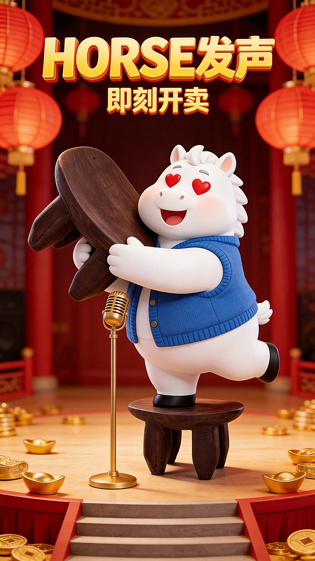 软3D风拟人小马手持快板，国潮红金配色，喜庆卡通感十足，鎏金元宝与灯笼点缀，传递新年热闹氛围。