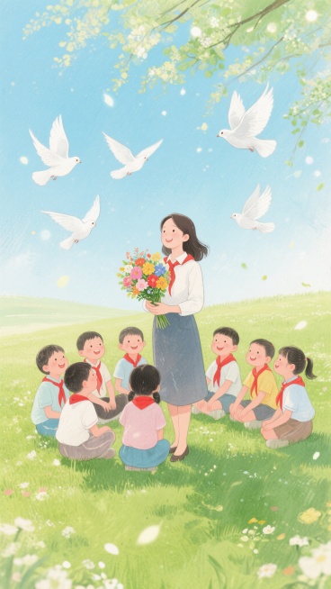 水彩插画风格，春日阳光下的绿色草坪，一位温柔的女教师怀抱色彩鲜艳的花束，周围围坐着系着红领巾的小学生们，他们面带微笑，几只白鸽在天空中飞舞，空气中漂浮着闪烁的光斑，整体色调柔和，充满童真与治愈感预览效果