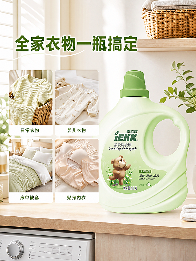 [主图-4] 多场景适用展示
[氛围风格] 温馨家庭氛围感
[画质] 商业摄影质感、光线柔和通透、产品清晰真实、画面干净高级
[元素] 产品放置在现代洗衣柜台面上，四宫格展示不同适用场景：左上日常衣物、右下贴身内衣、右上婴儿衣物、左下床单被套。保持洗衣液产品外观与输入产品图绝对一致，杜绝变形色差。产品主体放置在画面右侧，场景宫格在左侧。
[光影] 暖调室内自然光，柔和舒适，贴近家庭真实使用场景。
[配色] 以浅木色+白色+浅绿色为主，温馨干净。
[视角构图] 平视构图，左右分区，产品突出，场景清晰。
[文字版式] 左侧标题"全家衣物一瓶搞定"，绿色大字粗体。每个场景宫格标注对应适用类型，小字清晰标注，不遮挡场景内容。
[比例分辨率] 3:4比例，4k分辨率，文字清晰锐利，超高清。
[负向提示词] 变形，水印，文字错乱，产品图模糊，背景杂乱