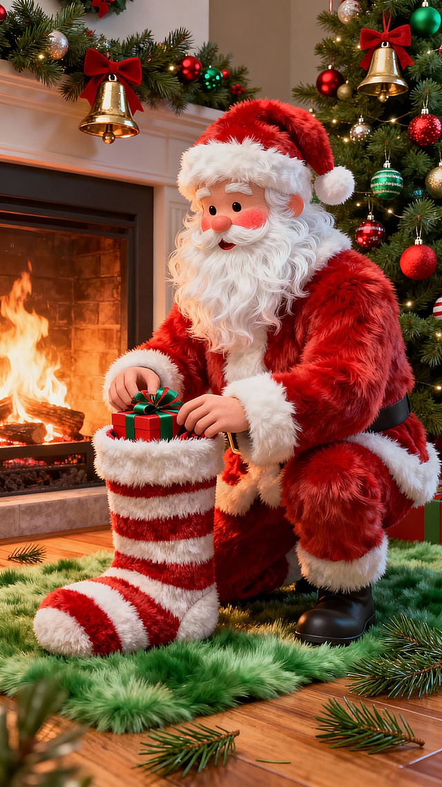 圣诞老人蹲身将礼物放进条纹袜子，圣诞树挂满铃铛与彩球，火光映红脸颊，木质地板散落松针，温馨治愈感拉满