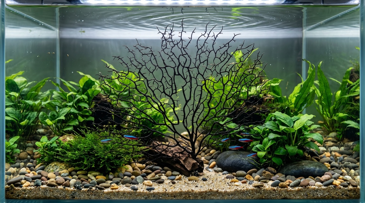 黑色扇形仿真干海珊瑚枝用于淡水鱼缸造景装饰，放置在水族箱底部，搭配鹅卵石和水草，保留珊瑚枝主体骨架结构特征，超清，细节丰富，真实自然预览效果