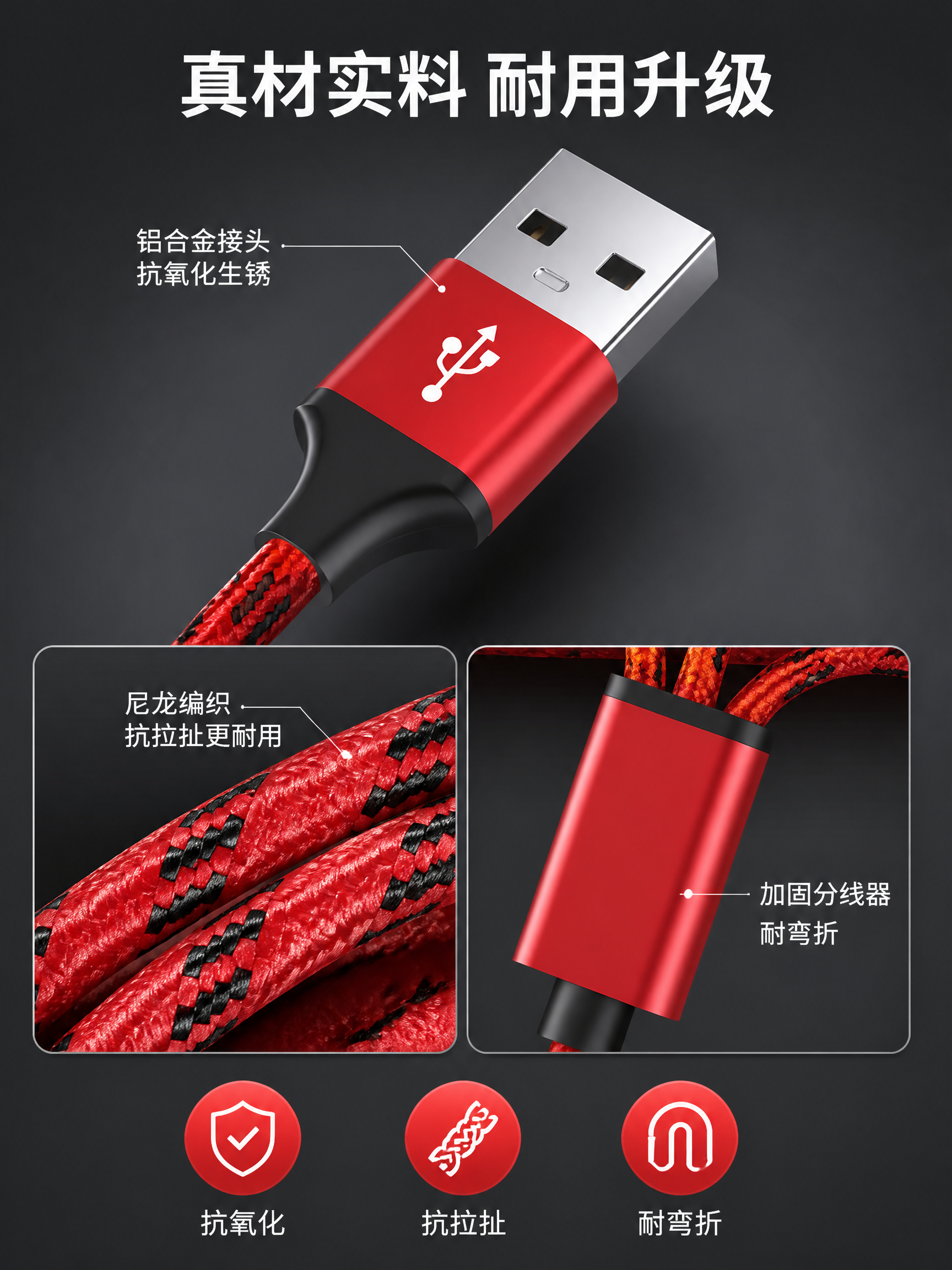 [主图-3] 一拖三数据线结构细节证据图，铝合金接头与尼龙编织… - 图片创意预览