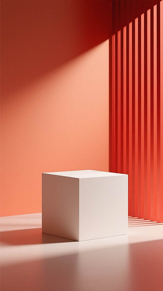 极简主义风格静物场景，主色调为温暖的橙红色渐变背景，左侧垂直排列的红色条状立体结构，前方一个白色的长方体展示台，柔和的侧光从左上方照射，在背景和展示台上投下清晰而富有层次的几何阴影，整体画面呈现出简洁、现代、高级的空间感，色彩过渡自然，光影对比鲜明，营造出宁静而富有设计感的氛围。