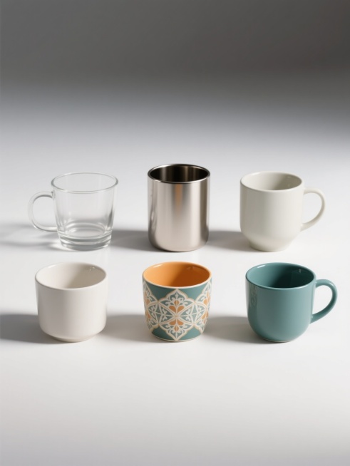 6个不同样式、不同材质、不同配色的杯子，白色背景，排列整齐，3D渲染，高光阴影明显，陶瓷质感，透明玻璃，磨砂金属，光滑表面，哑光处理，鲜艳色彩，柔和色调，现代简约设计，复古花纹，几何形状，对称构图，清晰边缘，立体感强，光线均匀，高清晰度，细节丰富，无LOGO，无文字，无二维码，产品展示效果，商业摄影风格预览效果