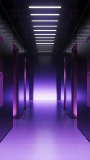 极简未来主义风格的直播间背景，呈现为深邃的紫色渐变光效走廊，两侧是光滑的玻璃幕墙，顶部有水平排列的白色条形光源，地面反射出明亮的光泽，整体营造出科技感与空间纵深感，色调统一为神秘而优雅的紫色调，光线柔和不刺眼，适合长时间直播观看。预览效果