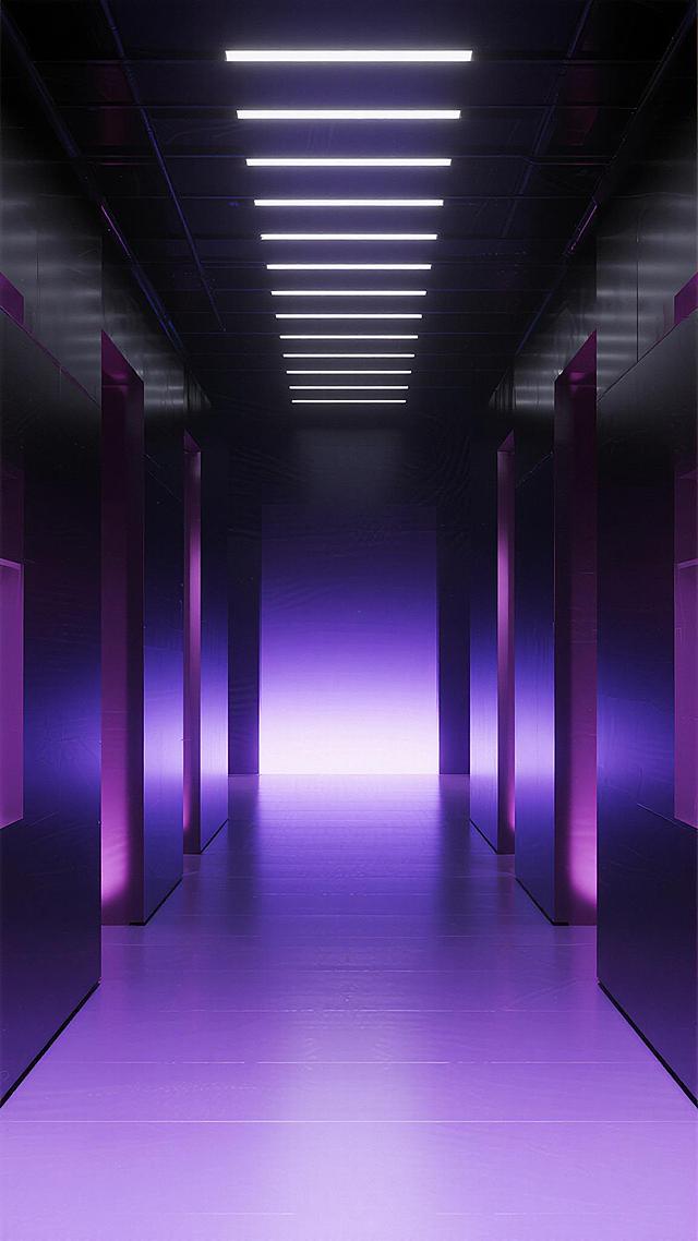 极简未来主义风格的直播间背景，呈现为深邃的紫色渐变光效走廊，两侧是光滑的玻璃幕墙，顶部有水平排列的白色条形光源，地面反射出明亮的光泽，整体营造出科技感与空间纵深感，色调统一为神秘而优雅的紫色调，光线柔和不刺眼，适合长时间直播观看。
