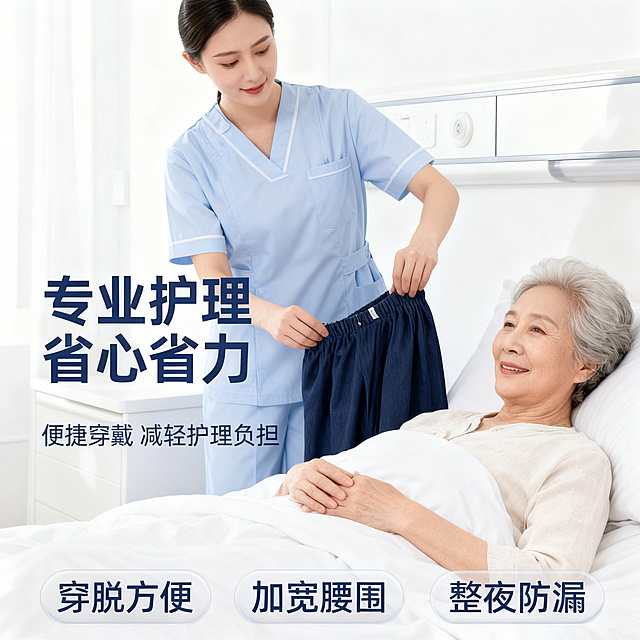 [垫图]用户提供的藏青色老年人防漏隔尿裙
[主图主题]老年人防漏隔尿裙主图4 护工护理场景
[氛围/风格]专业医护风，干净明亮，专业可信氛围感
[画面元素]藏青色隔尿裙为核心产品，专业女护工身着干净的浅蓝色护理服，正在帮助卧病在床的老年女性穿戴隔尿裙，动作轻柔专业，产品外观与原图完全一致，无修改；背景为整洁的白色医护风居家护理空间，环境干净明亮，物品摆放整洁，光线柔和均匀，背景铺满全屏无边框
[配色色系]主色调：藏青色（产品）、白色（背景）；辅助色：浅蓝色（护理服）、浅灰色（床品），整体配色干净专业
[视角构图]平视视角，人物和产品居中，景深适中，主体占比60%
[文字版式]主标题“专业护理 省心省力”，副标题“便捷穿戴 减轻护理负担”，底部三个悬浮卖点标签“穿脱方便”、“加宽腰围”、“整夜防漏”，字体为无衬线体，深蓝色，文字放置在画面负空间，不遮挡产品和人物面部，无任何底框描边
[比例分辨率]1:1 比例，2k 分辨率