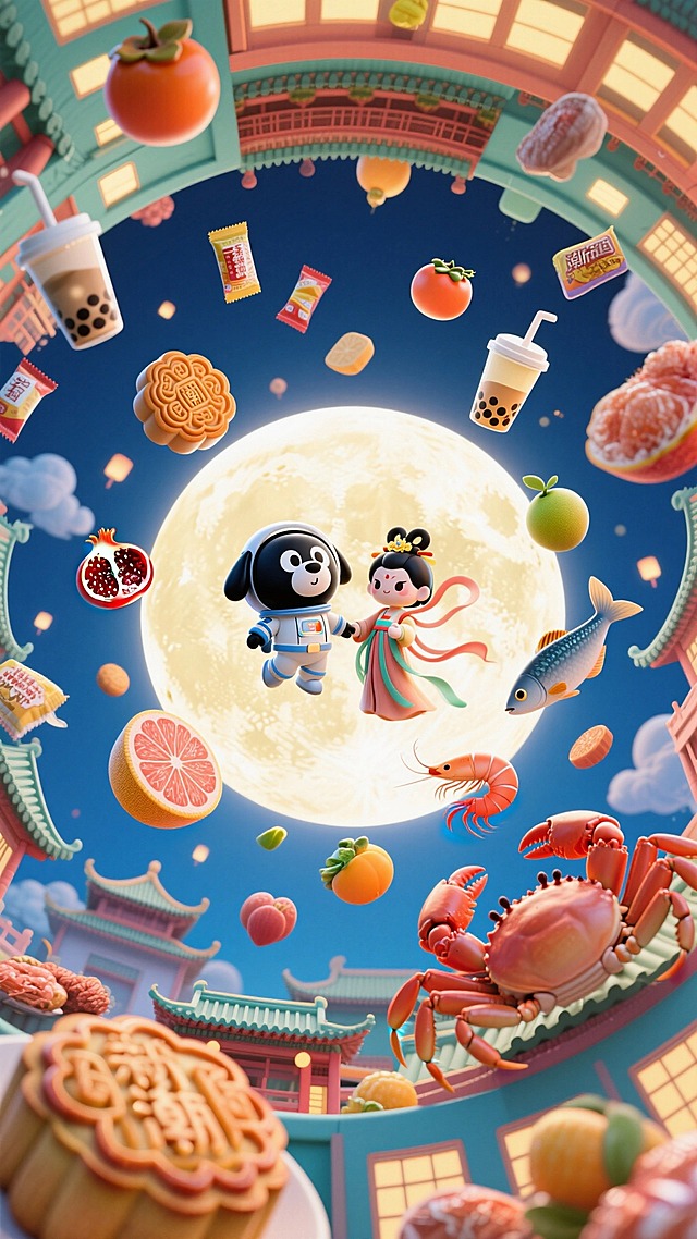 圆形鱼眼构图元素呈放射状分布。以巨大明亮的圆月为中心，所有元素漂浮在空中，中间穿着太空服黑色大头狗（漂浮感）和Q版嫦娥牵着手，四周环绕漂浮奶茶零食、月饼、水果（石榴、柚子、柿子等）、生鲜（大闸蟹、虾、鱼等）元素随机混乱排列，画面边缘环绕建筑，底部有月饼特写，画面丰富鲜亮色彩，营造热闹活泼氛围