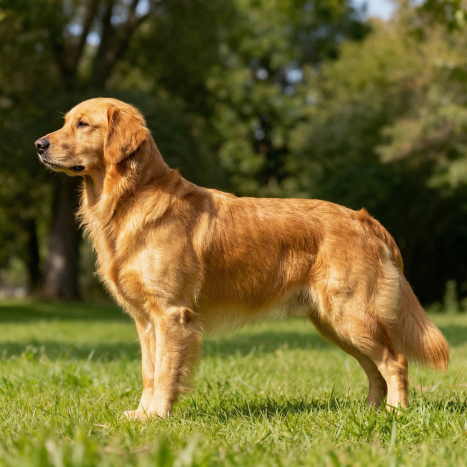 将这只金毛犬改为侧身状态，保持健康体魄和亮泽毛色，背景不变，依旧在户外草坪上预览效果