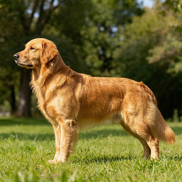 将这只金毛犬改为侧身状态，保持健康体魄和亮泽毛色，背景不变，依旧在户外草坪上
