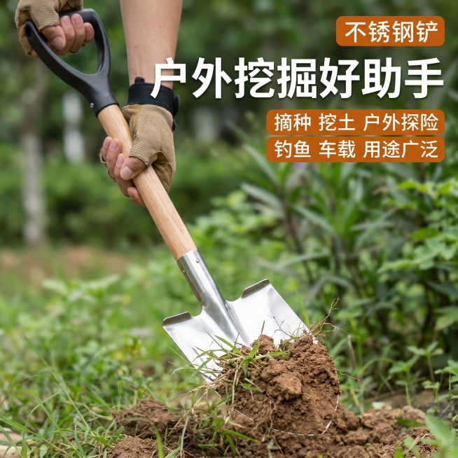 [主图 4] 户外实景使用展示主图。
[氛围风格] 真实户外使用场景，直观展示使用效果；
[画质] 商业摄影质感、光线柔和通透、产品清晰真实、画面干净高级。
[元素] 真人双手握持不锈钢铁锹正在户外挖预览效果