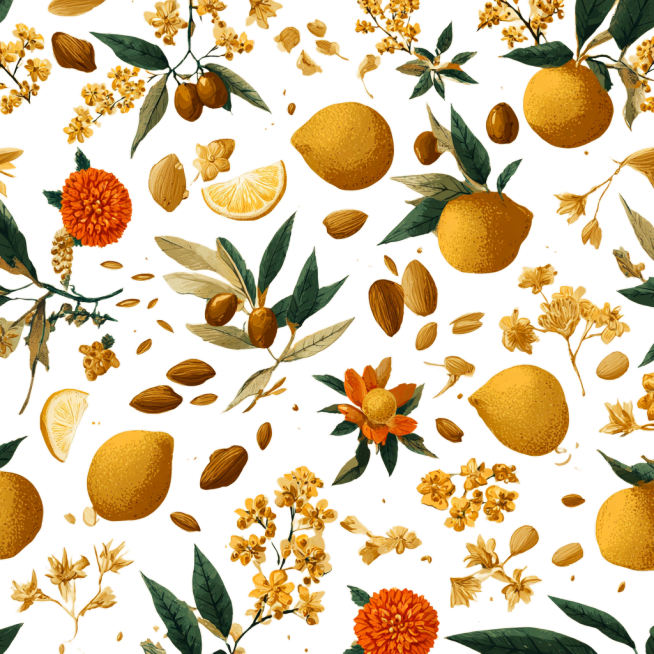 An all-over decorative pattern background for packaging. A repeating pattern incorporates stylized i预览效果