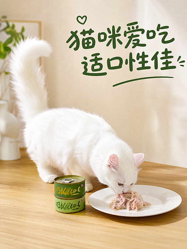 [第5屏] 本屏功能定义：猫咪真实食用场景展示，体现猫咪喜爱。使用【图3】保留猫咪和罐头位置关系。
[氛围/风格] 温馨居家喂食场景，自然真实，生活化治愈氛围。
[元素布局] 保留原图猫咪、罐头、装盘位置，木色桌面浅色墙面，左侧猫咪右侧产品，保持包装颜色和猫咪形态与原图一致，优化光影让画面更通透。
[光影质感] 正面柔和自然光，猫咪毛发质感清晰，罐头颜色还原真实，明暗自然。
[配色色系] 全局底色：#EFEBE9（浅木色背景）；主体：白色猫咪+绿色罐头，保持原有配色。
[视角构图] 横向场景居中展示，符合移动端竖版浏览，场景层次清晰。
[文字版式] 顶部标题："猫咪爱吃 适口性佳"，圆润手写深绿色，不遮挡猫咪和主体产品。
[比例分辨率] 3:4 竖版，4K分辨率。
[负向提示词] 猫咪变形，产品变色，场景模糊，文字错乱。
