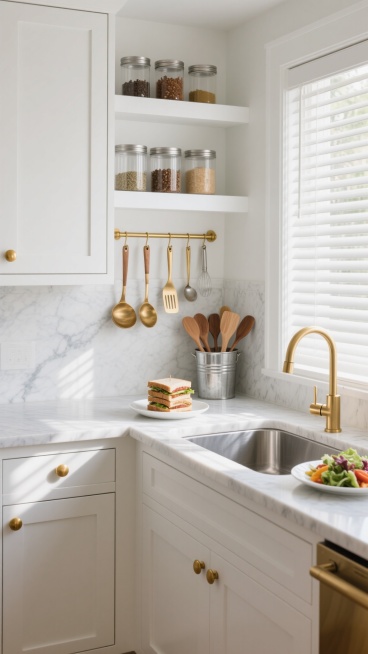 一个明亮整洁的现代厨房，采用简约优雅的设计风格，以白色为主色调，搭配黄铜色金属装饰细节。厨房整体呈现出温馨舒适的氛围，阳光透过百叶窗洒入，在白色橱柜和大理石台面上形成柔和的光影效果。白色的橱柜带有黄铜色的圆形拉手，上方的吊柜和下方的地柜组合提供了充足的储物空间。大理石台面光滑洁净，带有自然的灰色纹理。台面上有一个双槽不锈钢水槽，搭配黄铜色的水龙头。水槽旁边的金属桶里插着木质的锅铲和汤勺。墙面安……预览效果