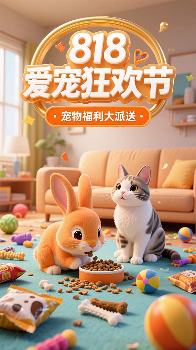 3D卡通风格。顶部（立体鎏金边的白色字标题“818爱宠狂欢节”，标题下面的橙色副标题框内写着“宠物福利大派送”）。主体是一只在吃兔粮的橘色兔和一只端坐着的猫猫兔。背景是暖色调的客厅，客厅地上有杂乱放置的狗粮、磨牙棒，玩具球等宠物用品。色彩鲜艳，突出大促狂欢氛围