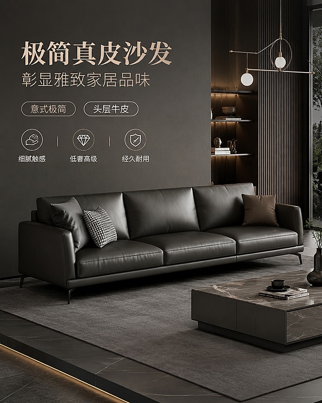 意式极简皮艺三人位沙发家具营销海报，主标题“极简真皮沙发”，副标题“彰显雅致家居品味”，卖点标签“意式极简”“头层牛皮”，卖点“细腻触感”“低奢高级”“经久耐用”。深灰磨砂客厅场景，大理石茶几搭配同色系地台，金属吊灯点缀，画面干净高档，高级沉稳大气风格，写实商业摄影，45°斜视角，层次分明留白充足，版式精美，竖版比例4:5。
