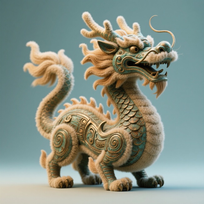 使用毛绒材质，参考青铜器造型，生成十二生肖中龙的素材预览效果