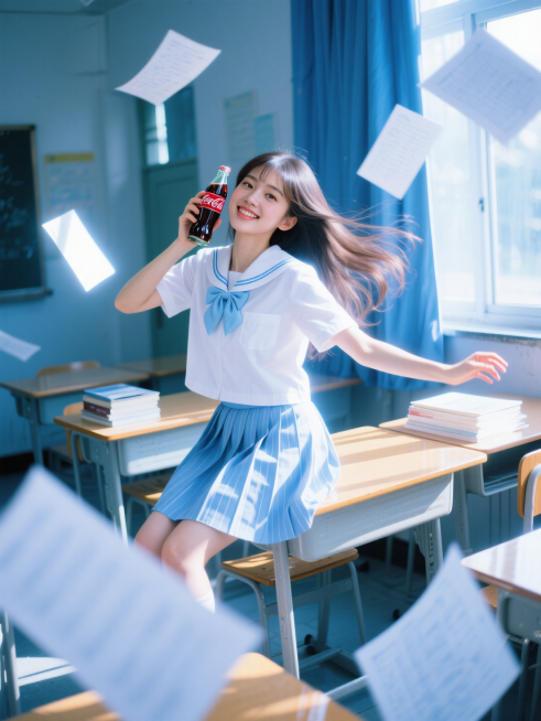 jk少女，白色jk制服，浅蓝色领带，浅蓝色条纹短裙。坐在在书桌上。一只手拿着冰可乐放在脸颊旁，另一只手往前伸出做出舞蹈造型。倾斜构图。照到身上的阳光，强烈的光影效果，斑驳光照。梦核，环绕动态模糊的试卷预览效果
