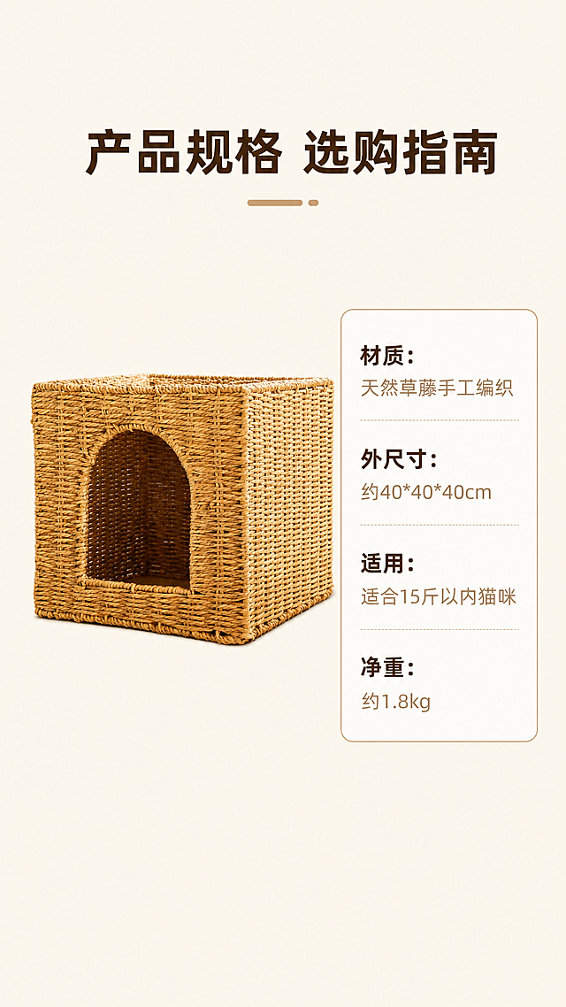 [第7屏] 规格参数与选购指南，清晰展示手工编织猫窝尺寸信息。本屏使用【图1】作为猫窝主体参考。
[氛围/风格] 清晰简约信息卡风格，排版工整，信息直观易读，符合移动端阅读。
[元素布局] 页面上方放主标题，中间左侧放置猫窝完整产品图，保持和原图一致的结构纹理和颜色，右侧为规格参数信息卡，参数包括：材质、尺寸、适用宠物体型、重量。整体左右分栏布局，信息排版整齐，猫窝图占比约45%，参数卡占比约50%，间距合适不拥挤。
[光影质感] 整体光照均匀，猫窝和文字信息都清晰明亮，参数卡片边缘干净，没有模糊。
[配色色系] 全局底色：#F5F0E6（米暖灰）；参数卡用白色背景浅棕色描边，参数标题用深棕色加粗，参数内容用浅棕色，整体配色柔和统一。
[视角构图] 左右分栏布局，顶部标题，中间内容，底部预留空白，符合9:16竖屏手机阅读，信息一目了然。
[文字版式] 顶部主标题「产品规格 选购指南」居中加粗深棕色；左侧猫窝图，右侧参数列表：「材质：天然草藤手工编织」「外尺寸：约40*40*40cm」「适用：适合15斤以内猫咪」「净重：约1.8kg」，每行一个参数，排版整齐，字号适配移动端清晰可读。
[比例分辨率] 9:16竖版比例，2K分辨率，文字清晰可辨，超高清。
[负向提示词] 猫窝变形，结构错误，颜色偏差，文字模糊，参数排版错乱，左右栏错位，水印，背景杂乱。