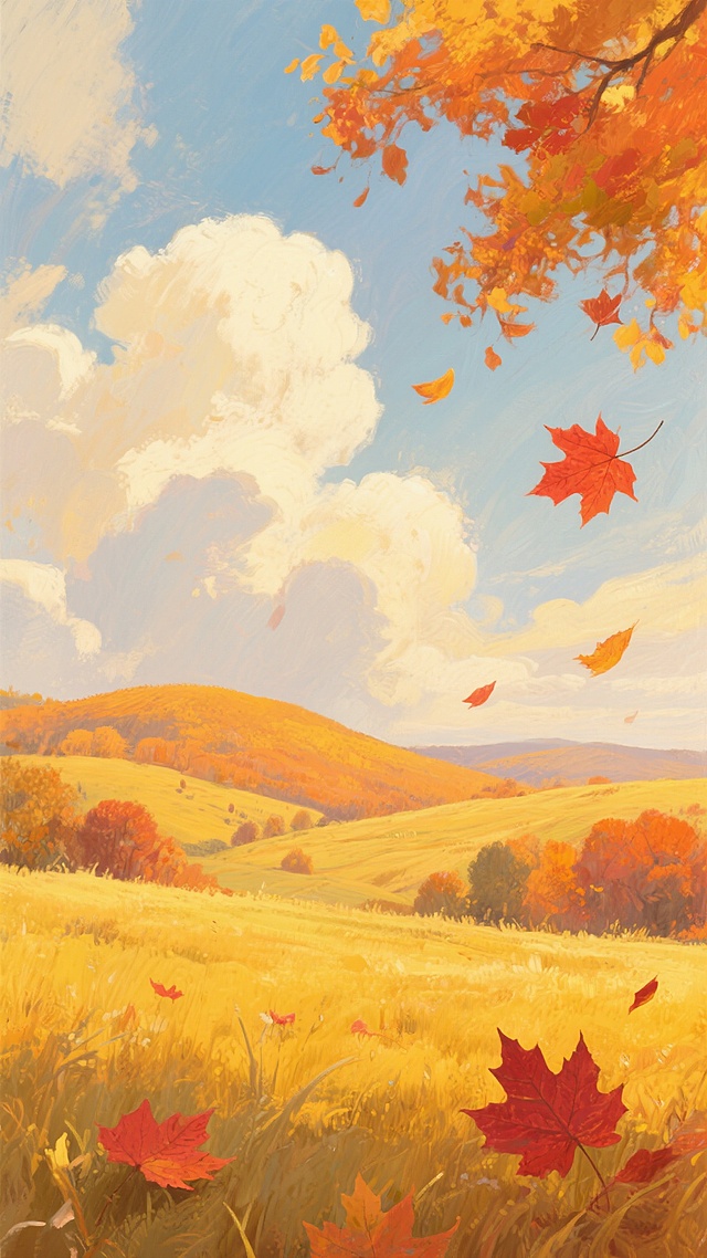 印象派风格插画，秋日风景，暖黄色调天空点缀蓬松白云，远处橙黄色丘陵起伏，前景是金黄色草地，多片红色枫叶从右上角飘落，笔触厚重富有肌理感，光影柔和温暖，整体氛围宁静惬意，展现秋季的绚烂与诗意。