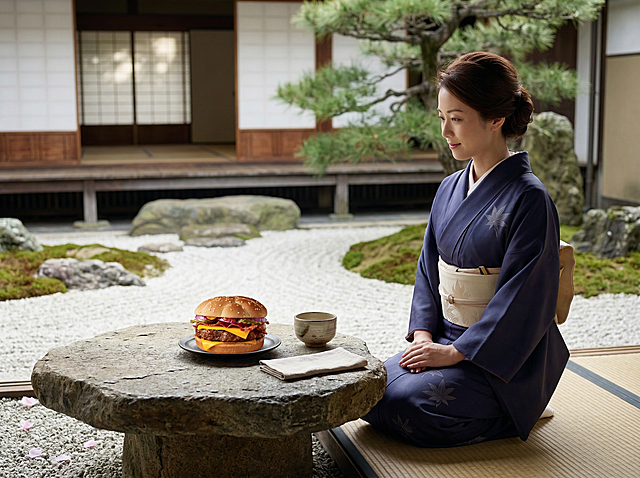 日式禅意庭院背景，石质茶桌上放着同款培根芝士汉堡，旁边有穿和服的亚洲女性，柔和自然光，静谧雅致，构图4:3，保持汉堡原有质感风格，氛围沉静舒适