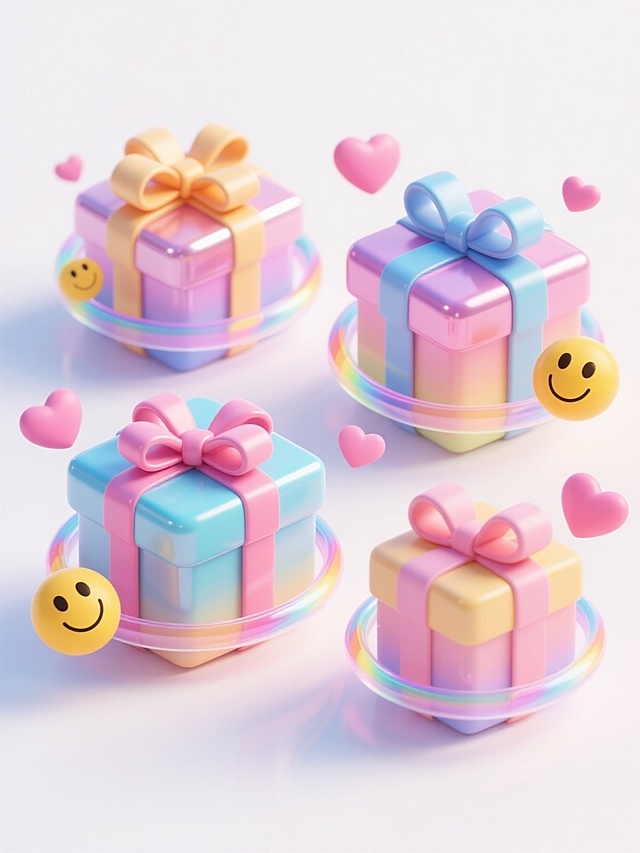4个不同元素、不同样式、不同款式的赠品礼盒，采用3D立体风格，具有光滑的渐变材质和高光泽的表面，每个礼盒都有独特的蝴蝶结设计和色彩搭配，礼盒周围环绕着透明的彩虹色光环，点缀着粉色心形装饰和带有爱心眼睛的黄色笑脸表情符号，整体排列整齐，放置在纯白色背景上，光影柔和，高光明显，营造出欢快、喜庆的氛围，视觉层次清晰，信息传达直接，符合赠品宣传的设计感和吸引力。